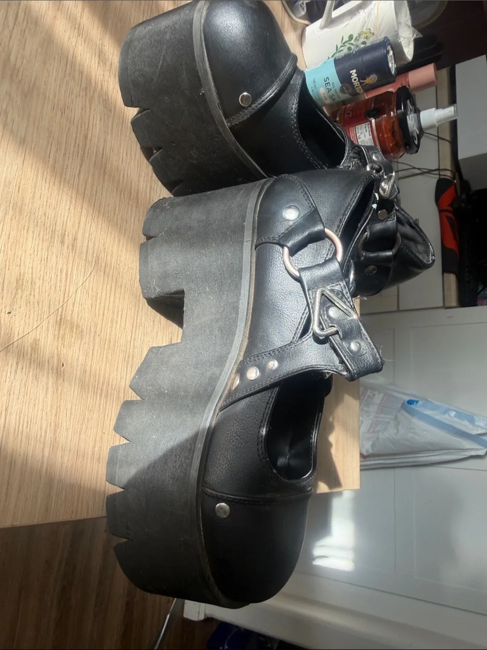 Black Platform Mary Jane Shoes with Buckle Straps